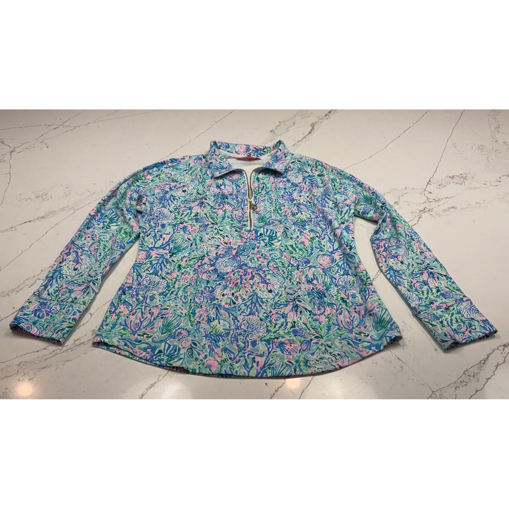 Lilly Pulitzer Skipper Popover Quarter Zip Pullover Blue Green Shell Print L